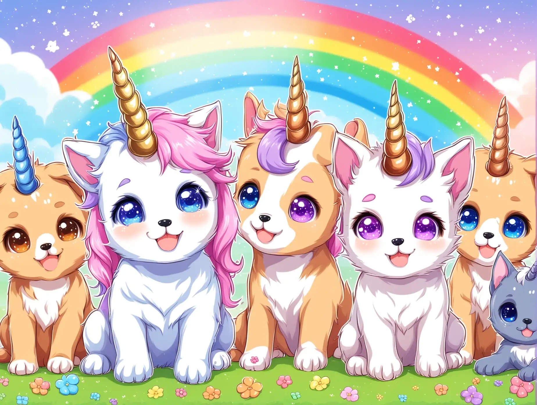 Adorable Kittens and Puppies with Unicorn Horns Amidst a RainbowLaced Sky