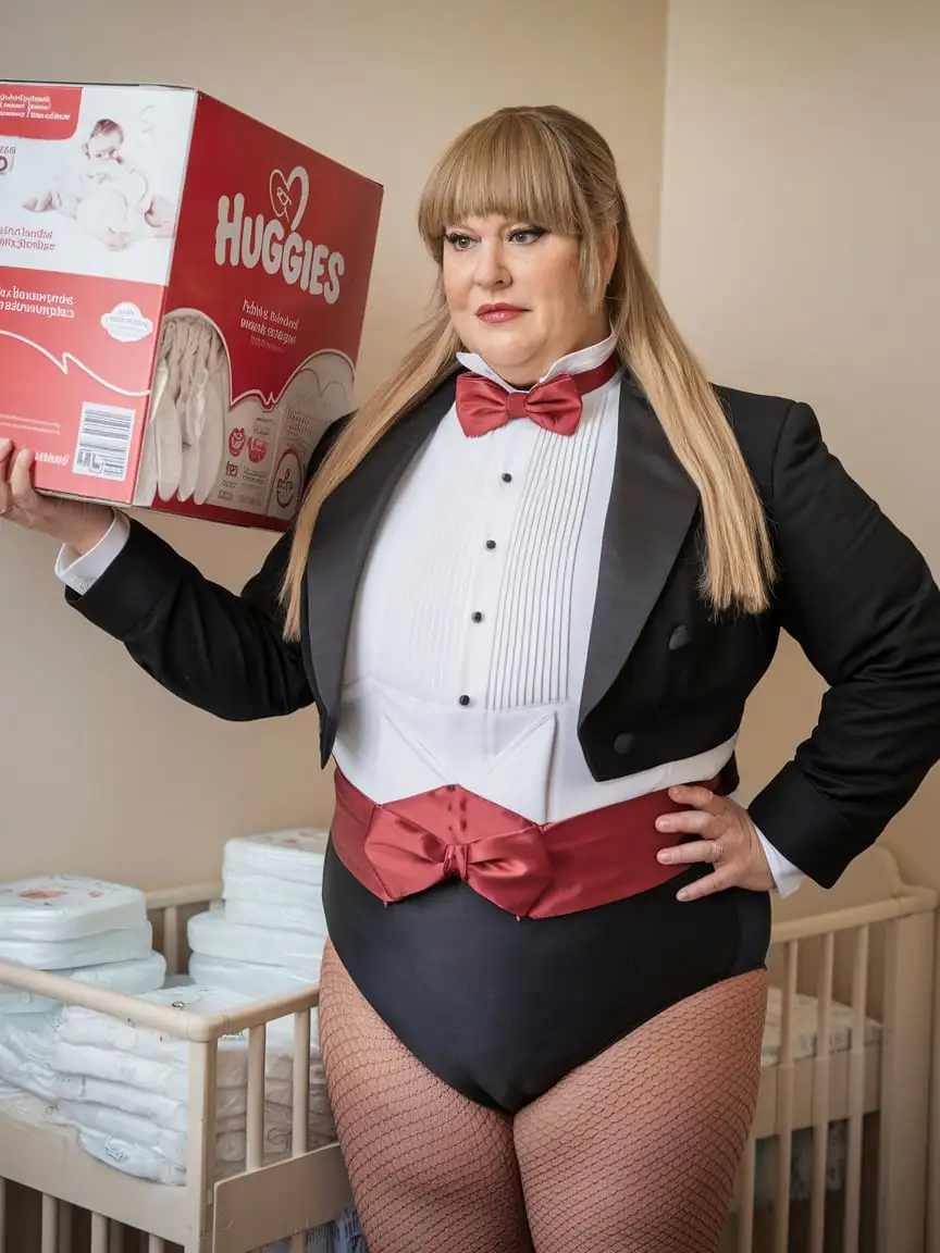 Caucasian Woman in Formal Tuxedo Holding Huggies Box in Nursery