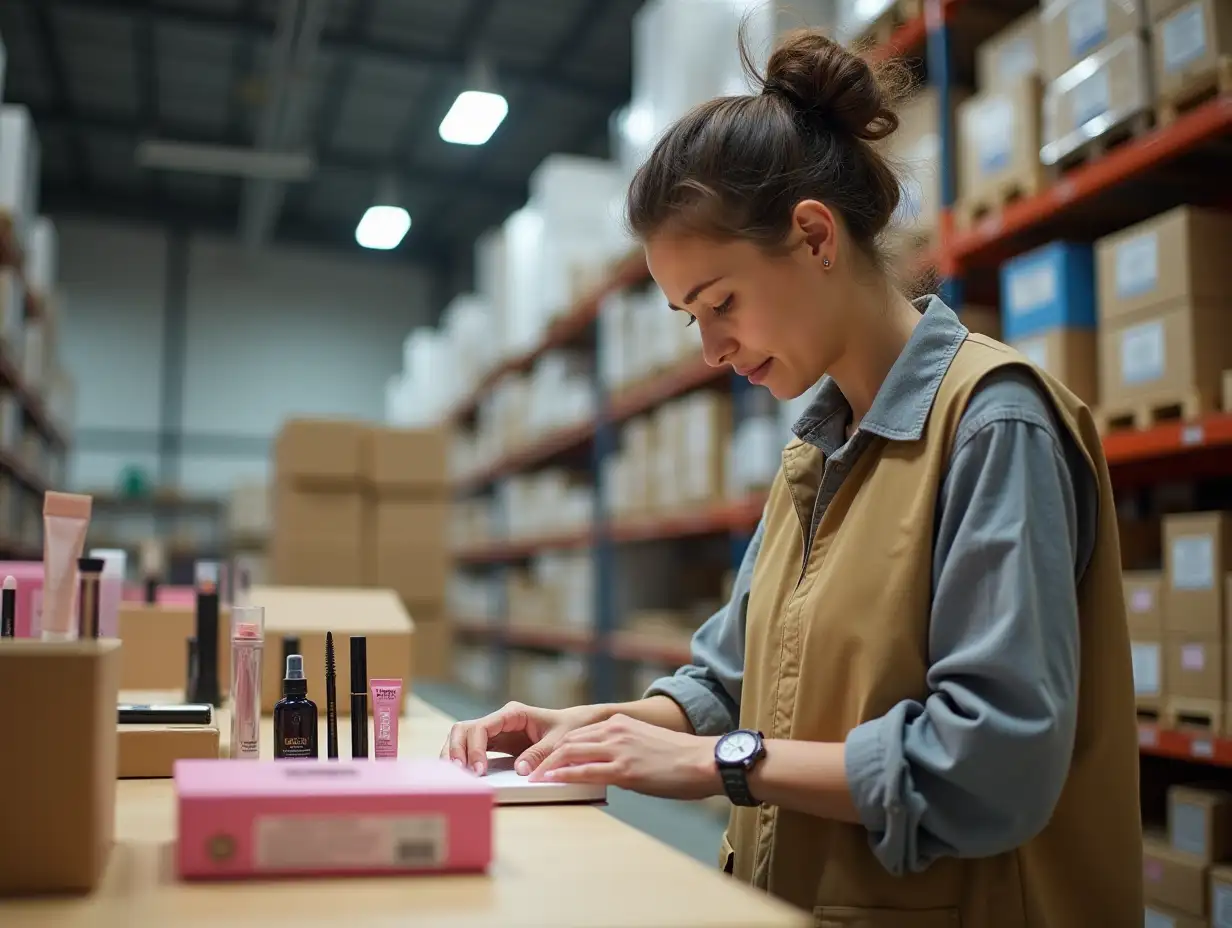 Create an image of a girl in workwear on a warehouse, assembling cosmetic orders. A realistic perspective from the side, showing her in the process of working. Boxes with various cosmetic products can be seen in the background. Pay attention to details and dynamic atmosphere at the warehouse