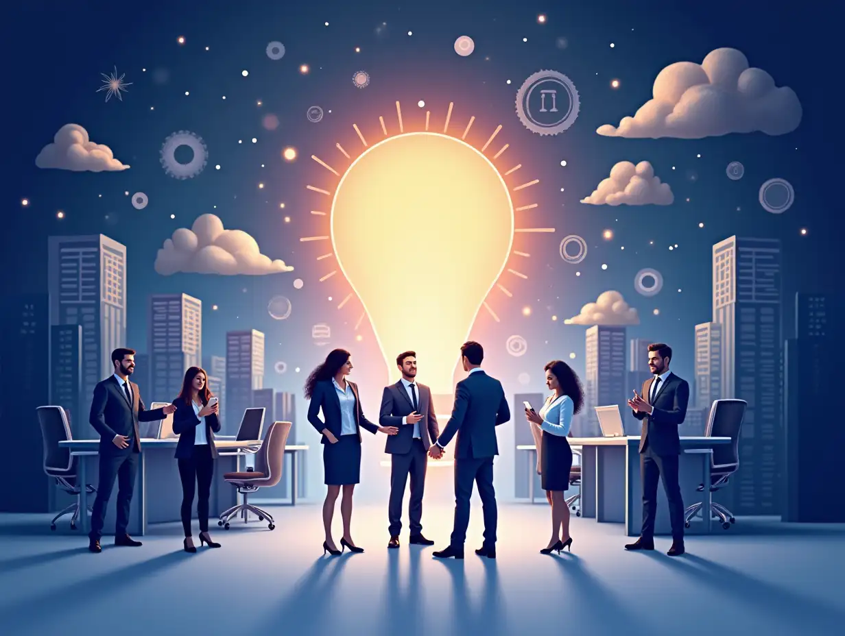 An optimistic and inspiring image depicting a bright and successful future for law offices through the strategic use of technology. The image features successful lawyers, satisfied clients, and a dynamic and innovative work environment. The color palette should consist of deep indigo/purple-blue, white, and light gold, conveying optimism, success, and technological advancement. The overall message is that this platform empowers law offices to achieve their full potential and thrive in the digital age.