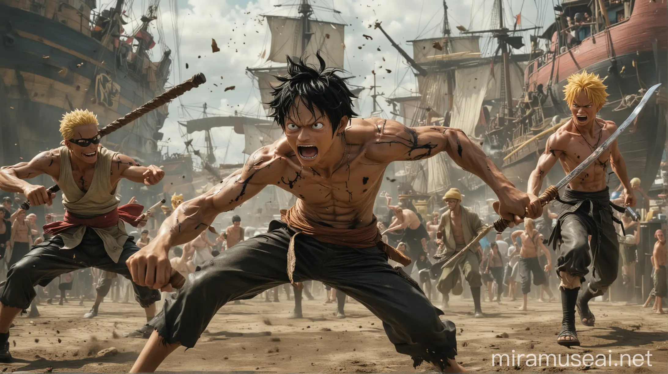 One Piece Live Action Luffy Zoro Nami Usopp Sanji in Action at Port City