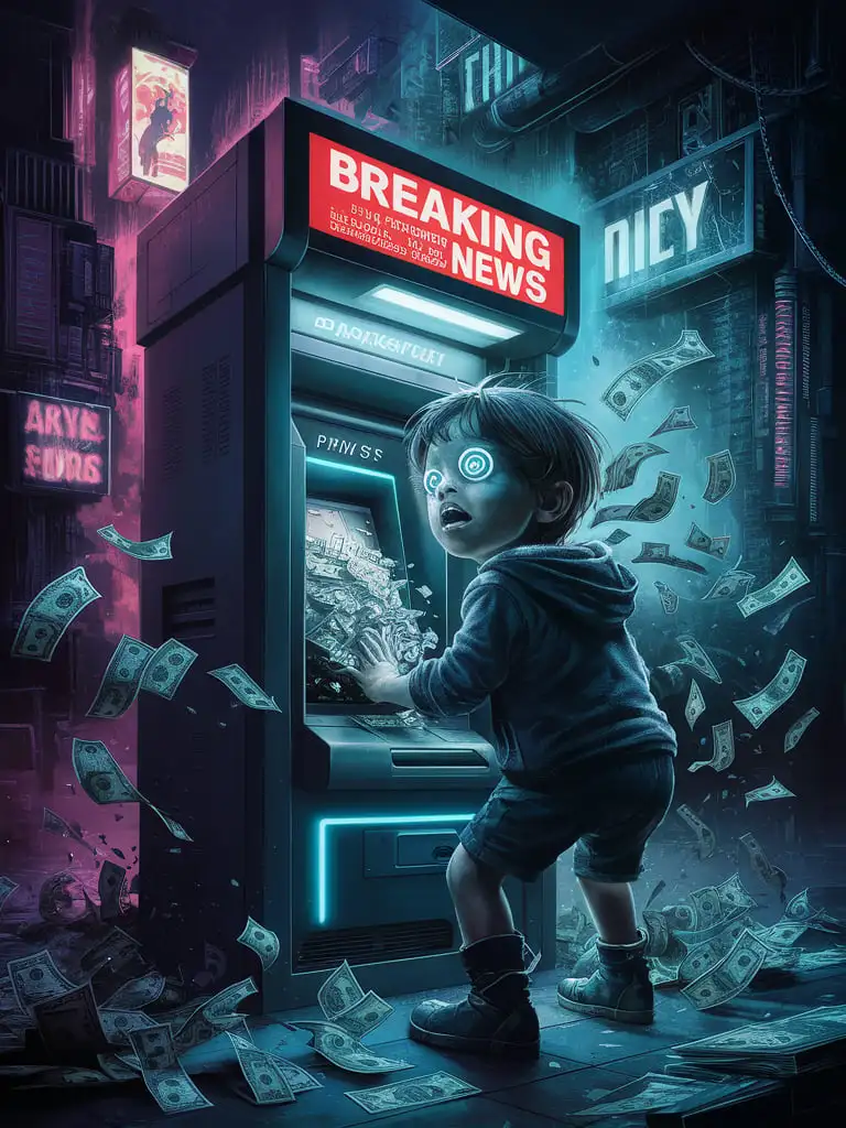 Futuristic Kid at ATM with Glowing Eyes and Flying Money