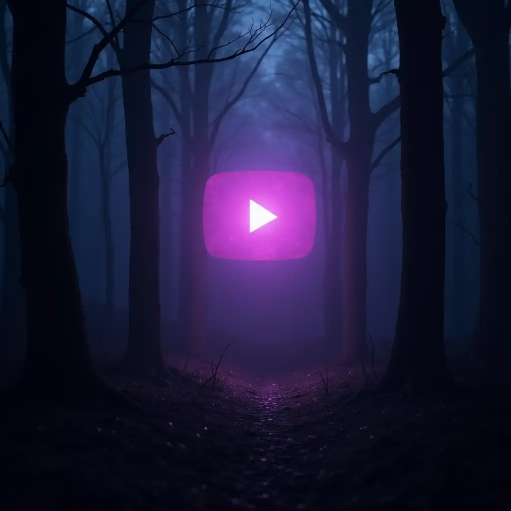 youtube icon, darkness, purple glow, camera, forest around, horror