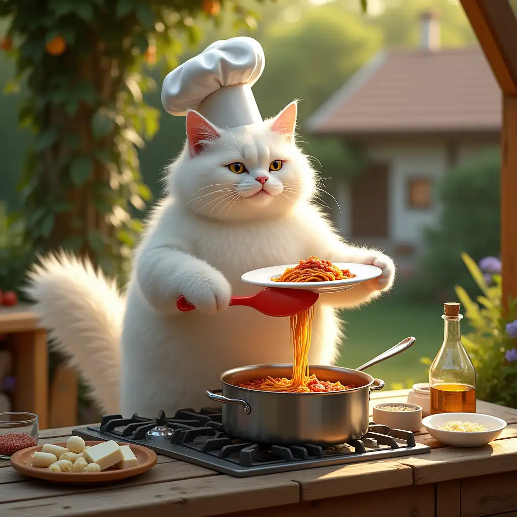 A very large, fluffy white anthropomorphic cat, still wearing its slightly tilted white chef’s hat, stands upright at the rustic wooden table in the outdoor kitchen. In its oversized right paw, it holds a bright red plastic spatula, scooping freshly cooked pasta from the same large stainless steel cooking pot used earlier. The cat is carefully transferring the steaming pasta into a clean, empty white ceramic plate that it holds steady in its left paw.nThe cooking pot rests on the gas stove beside the rustic wooden table, still steaming from the freshly prepared dish. The plate is the same one used for plating in earlier scenes, waiting to be filled with pasta coated in rich tomato sauce. The rustic wooden table features small bowls of grated parmesan, chili flakes, and a jar of olive oil. The lush green garden and rustic cottages in the background remain consistent, with golden sunlight highlighting the scene. The cat’s fluffy tail sways slightly as it concentrates on perfectly serving the dish, creating a warm and whimsical moment.