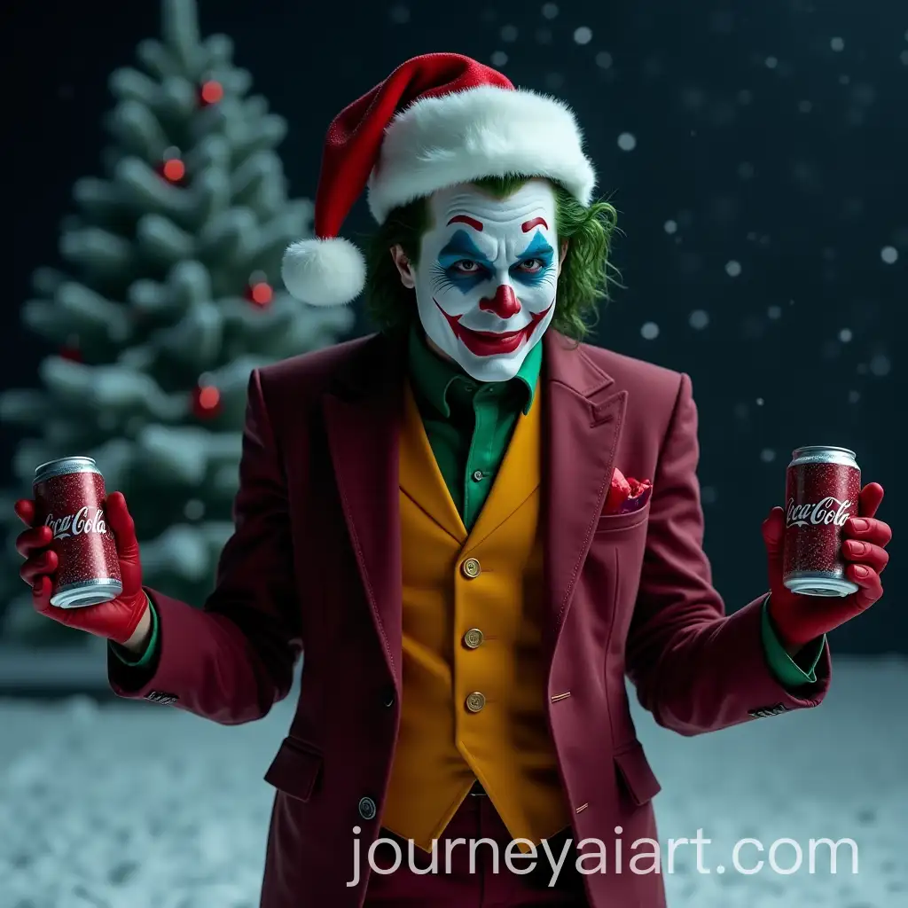 Joker-in-a-Winter-Wonderland-Holding-Coca-Cola-with-Christmas-Tree-Background