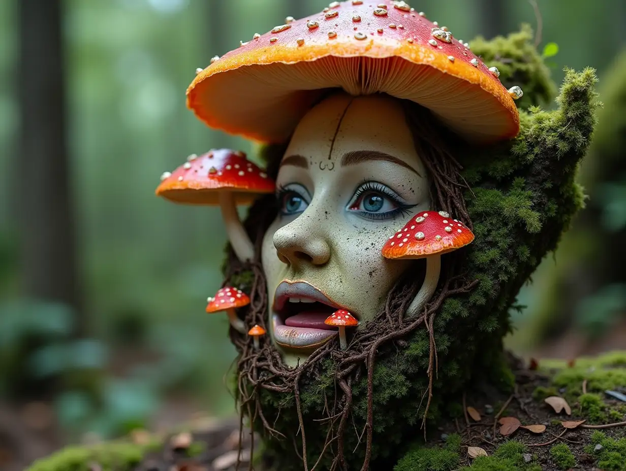 Face with colorful mushroom in mouth roots transformed into building in the forest