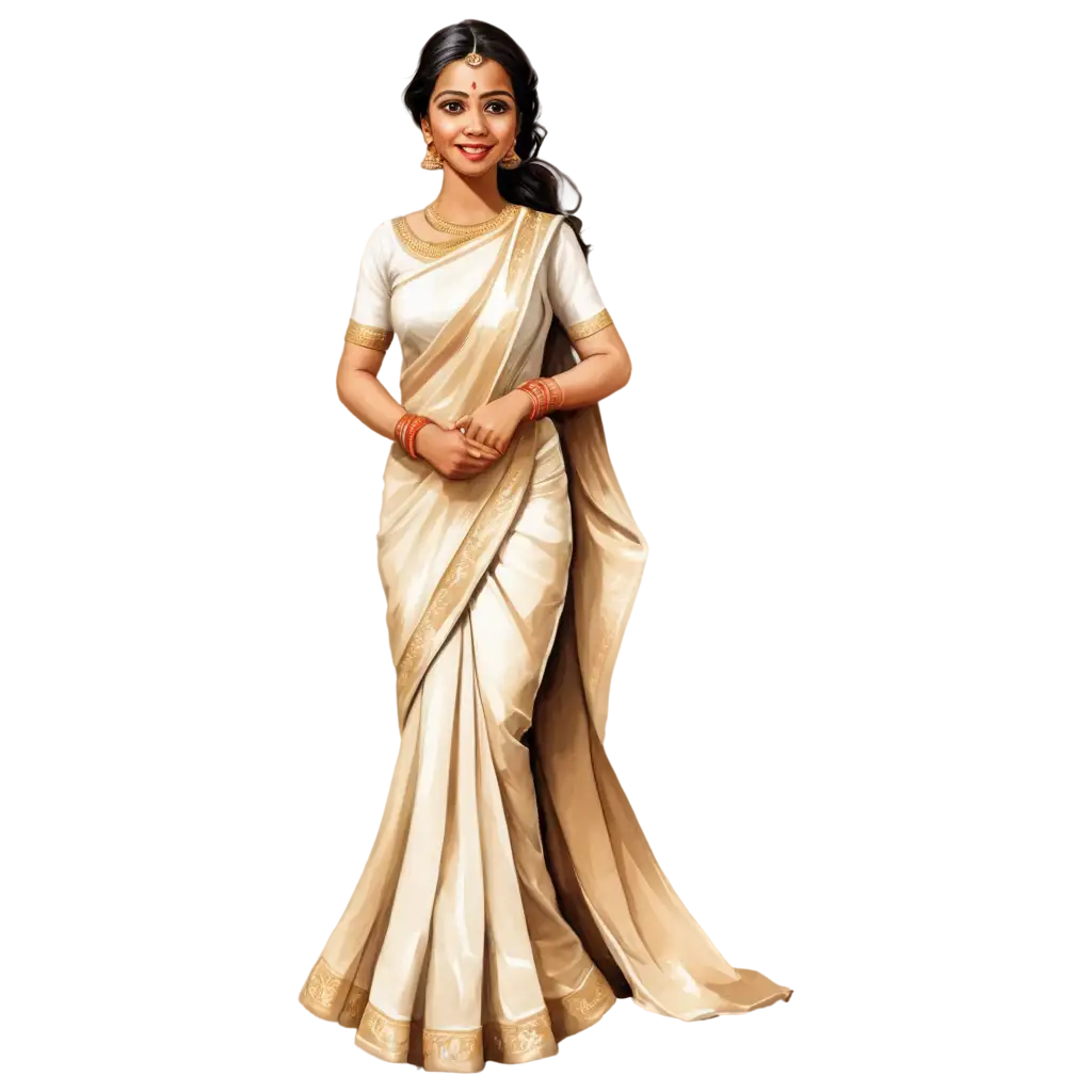 PNG-Indian-Kerala-Bride-Caricature-in-White-and-Beige-Saree-Enhanced-Online-Image