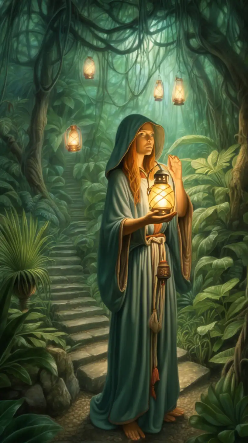 Hermit Woman Creating Mystical Jungle with Magical Lantern