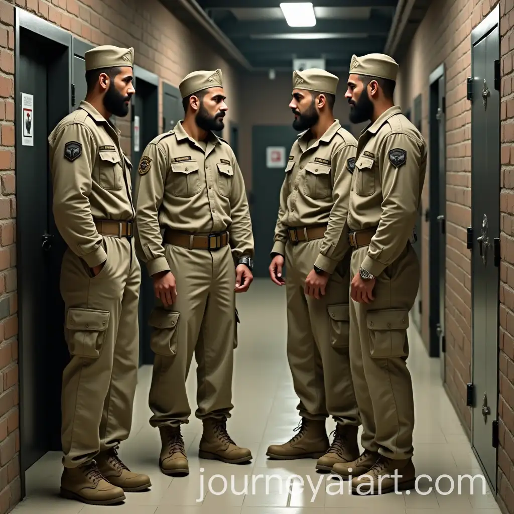 Three-Military-Arab-Men-in-Camouflage-Standing-in-a-Prison-Corridor
