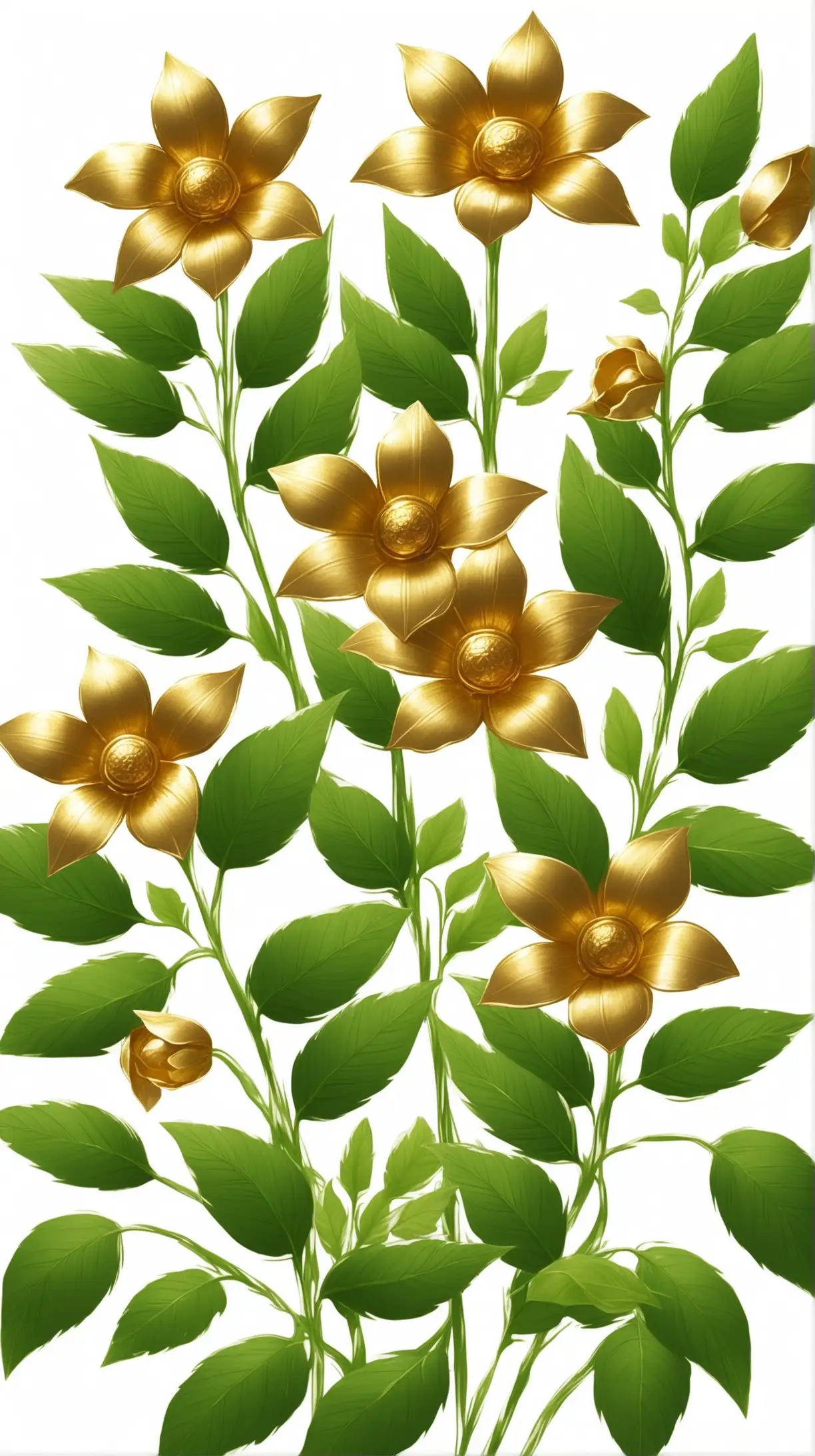 Elegant Gold Flowers with Green Leaves on White Background