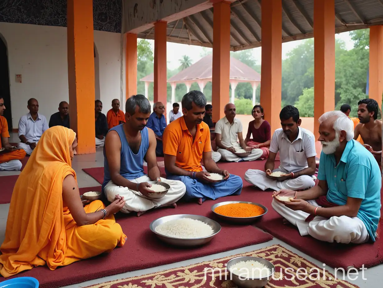 Hindu Ashram Community Eating Rice Meals on Carpets in Courtyard