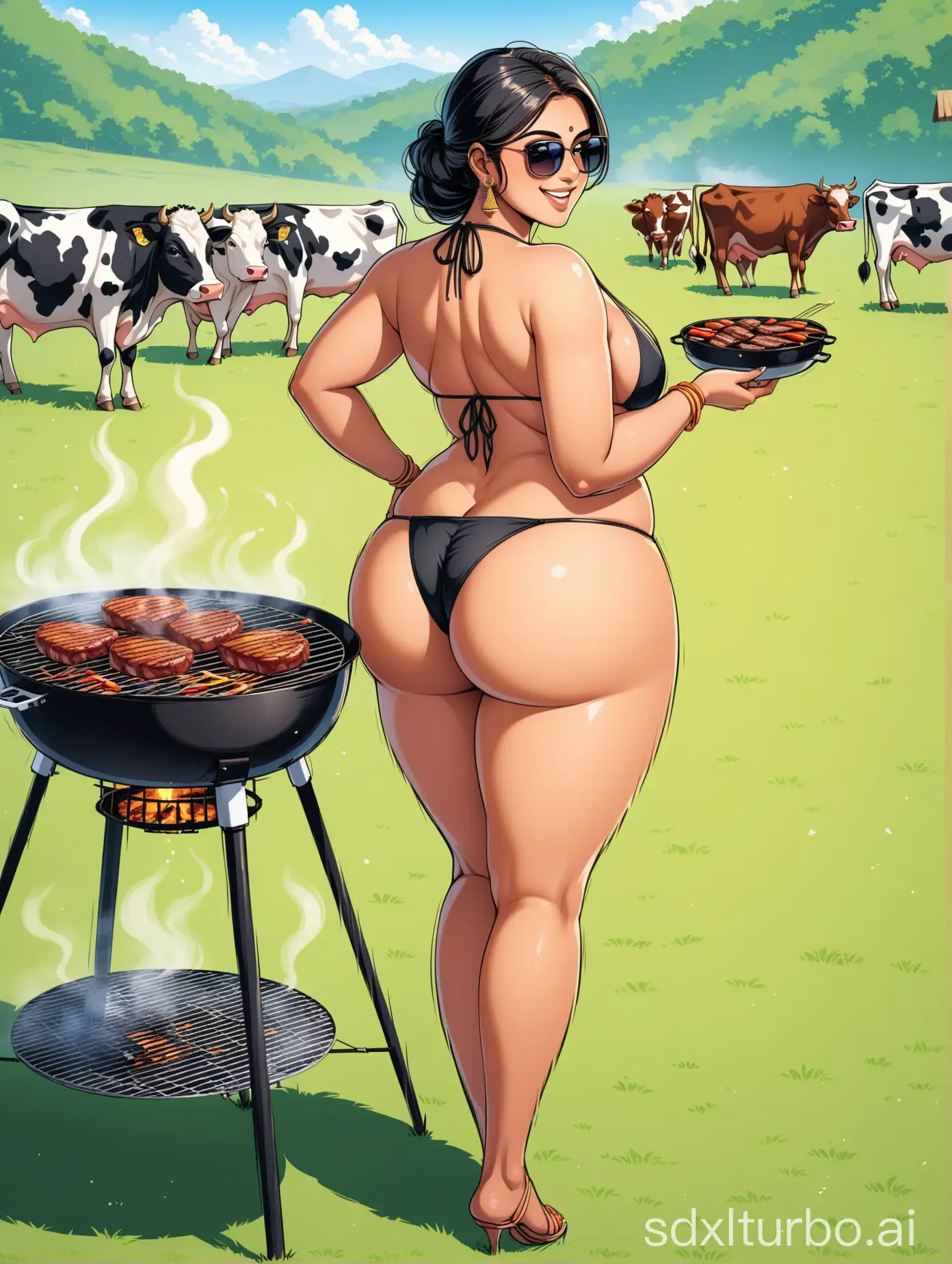 Curvy-Indian-Woman-Cooking-Barbecue-with-Cows-Grazing-in-the-Background