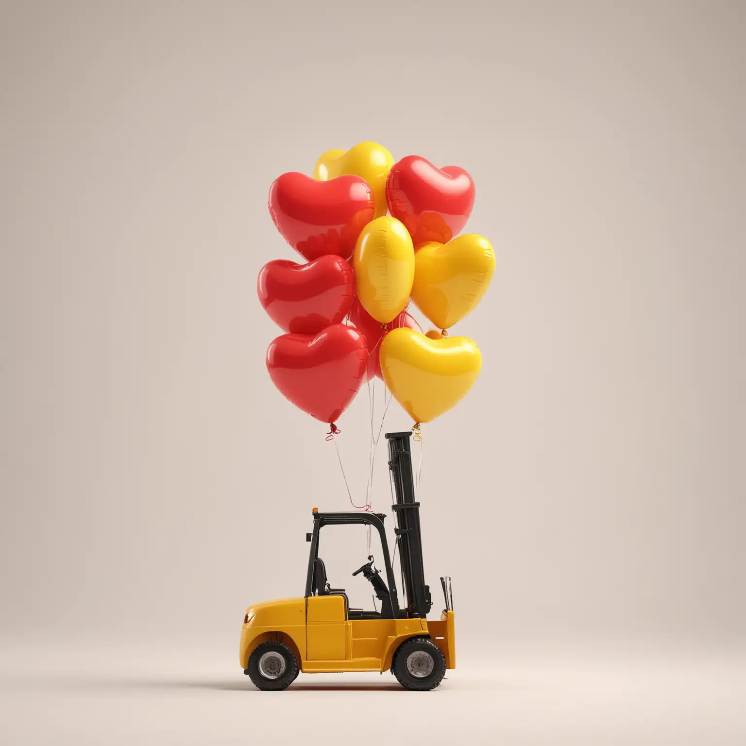 Yellow-Forklift-Lifted-by-Red-LoveShaped-Balloons-Against-White-Background