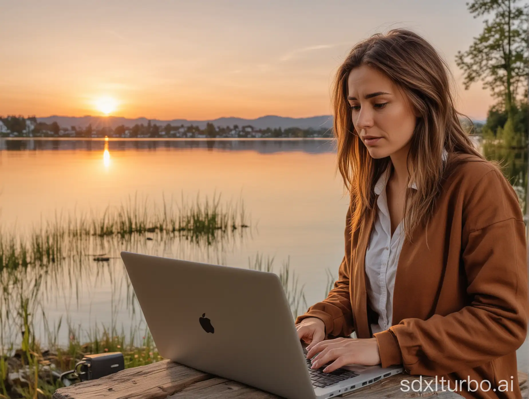 Woman-with-Brown-Hair-Using-Laptop-at-Bavarian-Lake-Sunset