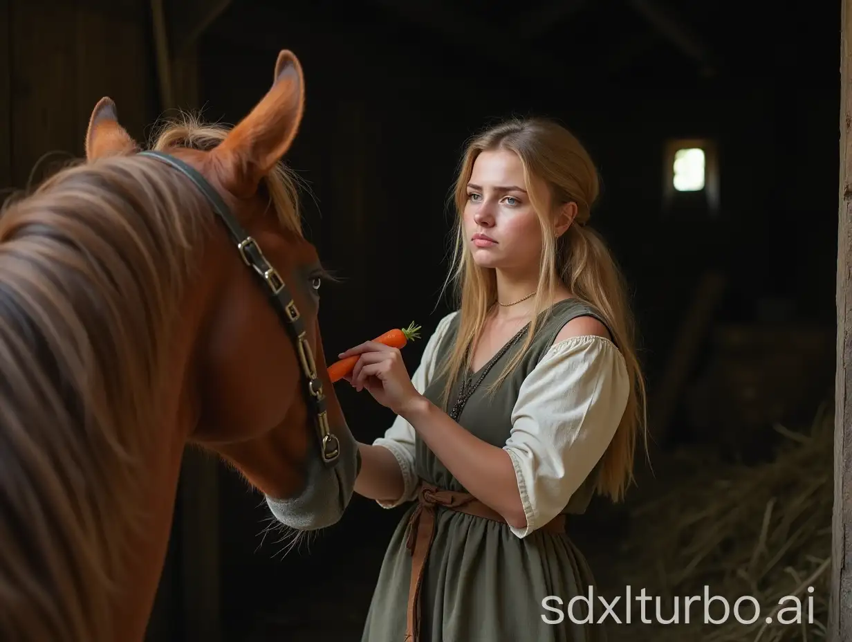 Medieval-Peasant-Woman-Feeding-Carrots-to-Horse-in-Castle-Stable