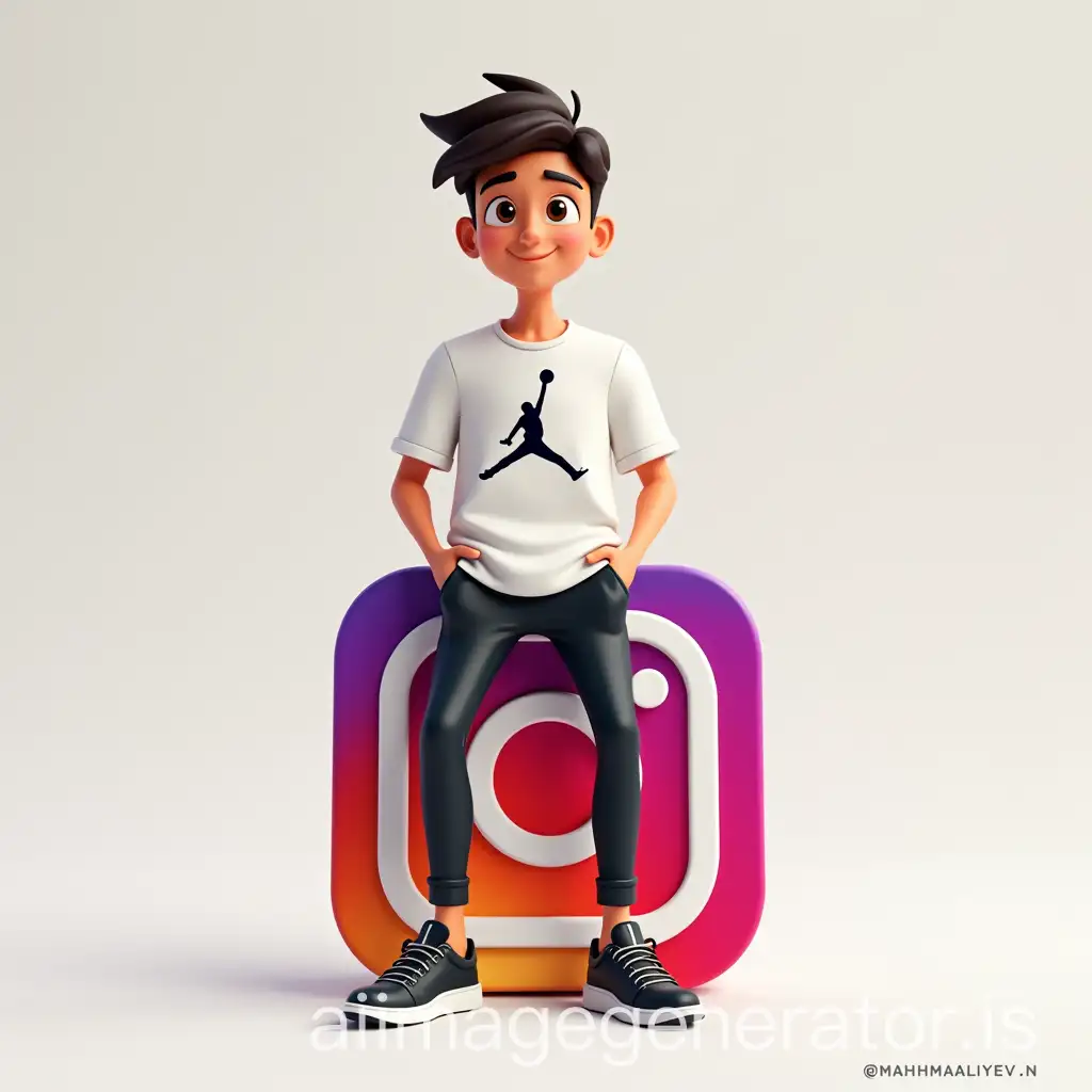 Animated-Male-Character-Sitting-on-Instagram-Logo-in-Casual-Air-Jordan-Clothing