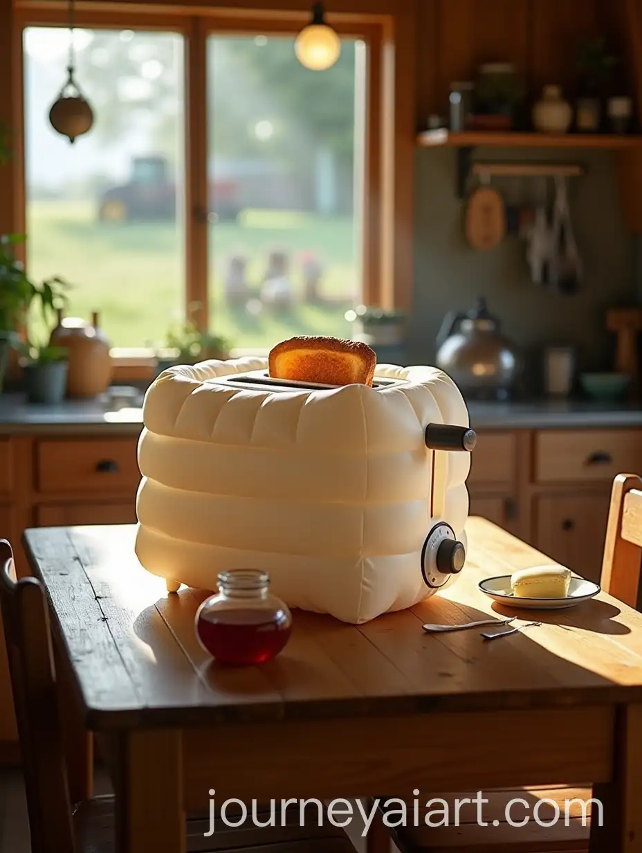 Inflatable-Toaster-on-Wooden-Table-in-Countryside-Kitchen-with-Homemade-Jam-and-Butter-Dish
