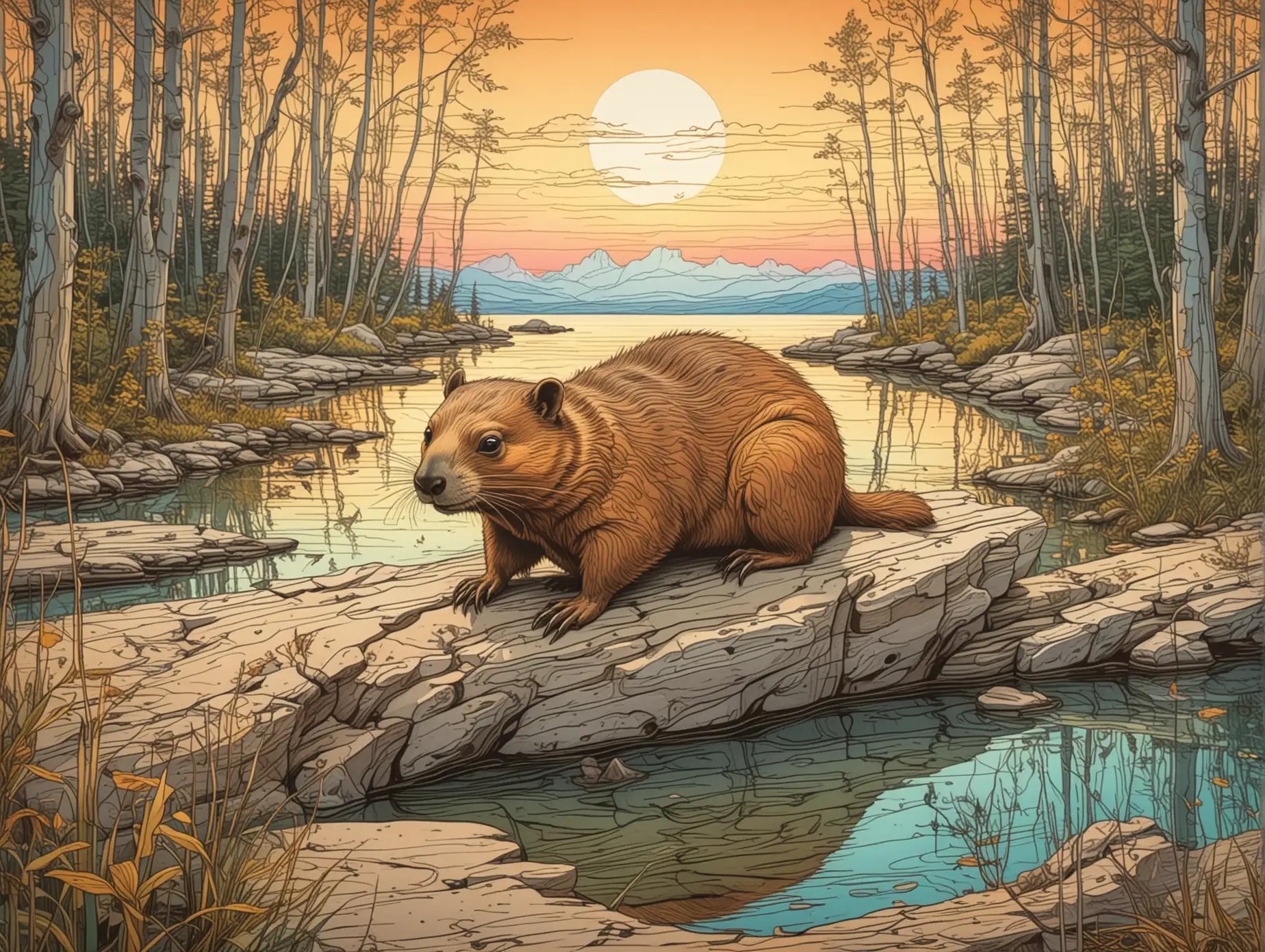 Surreal Beaver in the Great Lakes Wilderness at Sunset