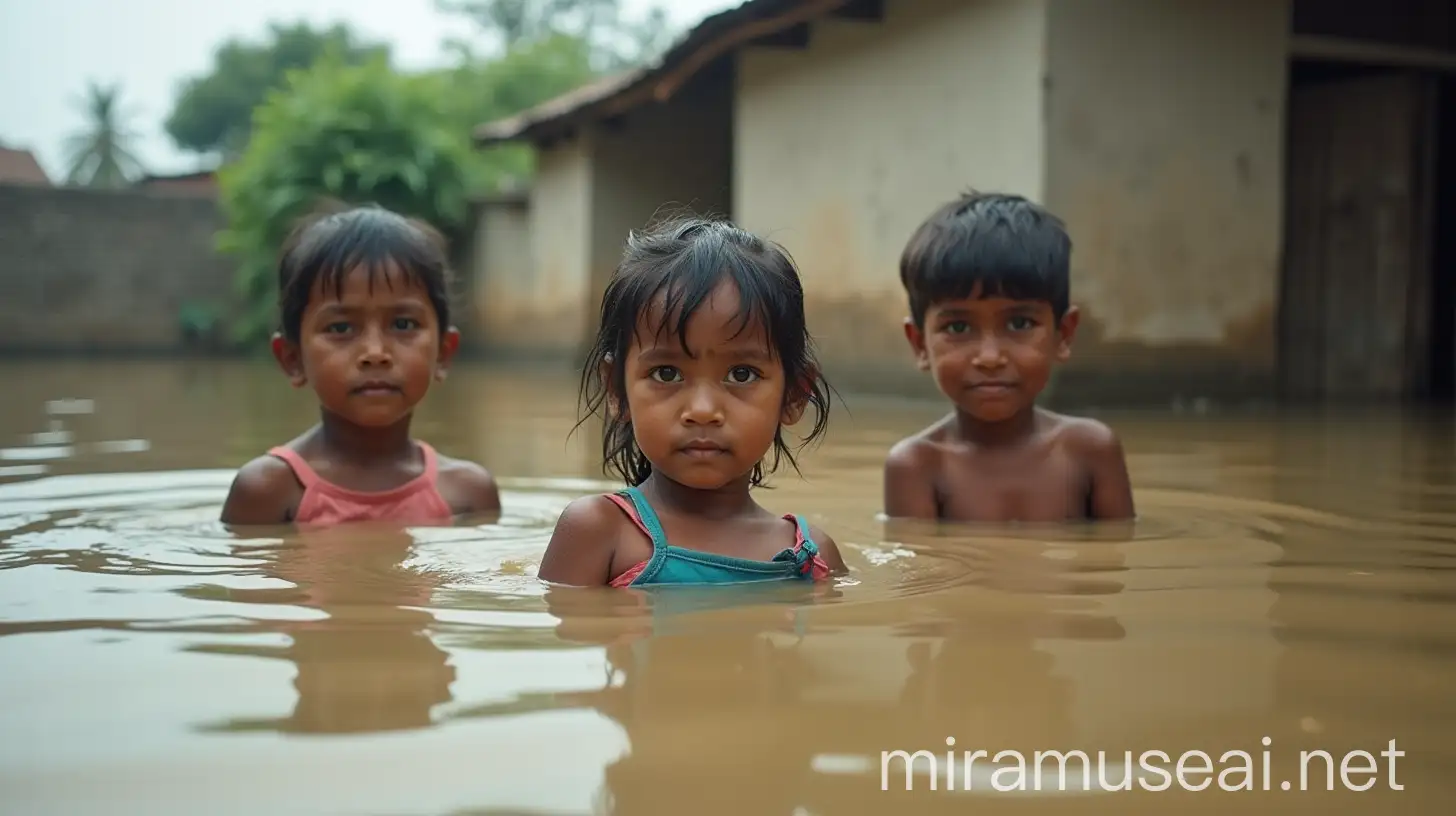 Children are standing half underwater in a flood in a village in India. Children looking very disappointed and looking at the camera