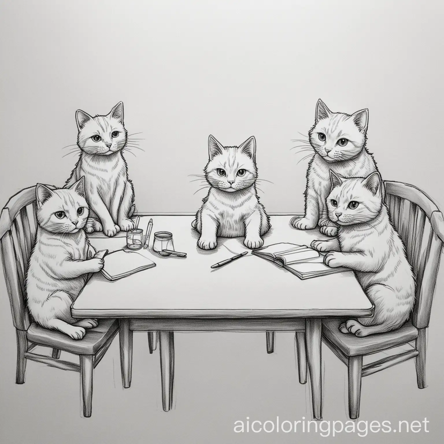 Cat-Characters-Drawing-and-Conversing-Around-a-Table-in-SketchStyle-Art