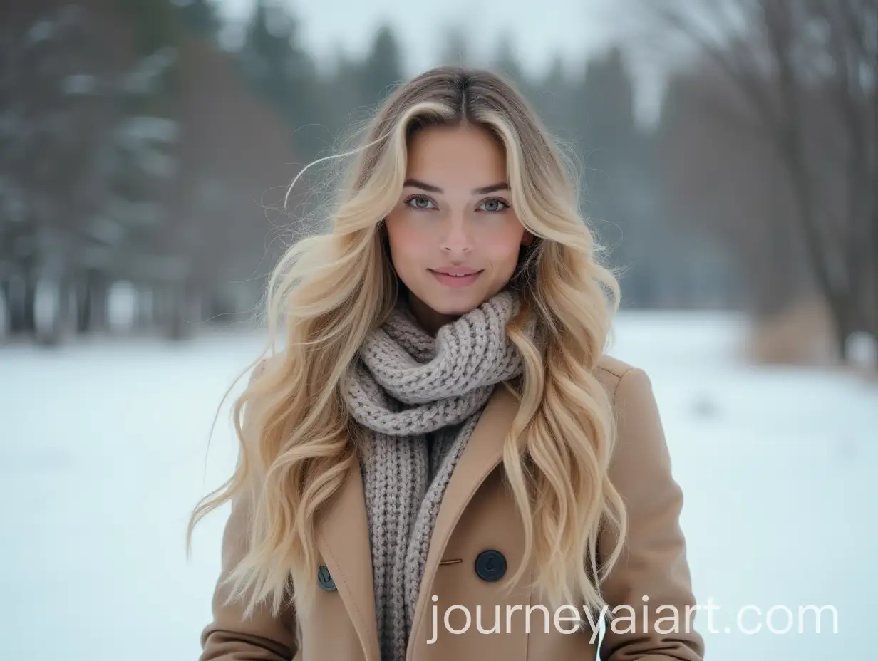 Woman-in-Beige-Coat-and-Scarf-in-Snowy-Winter-Landscape