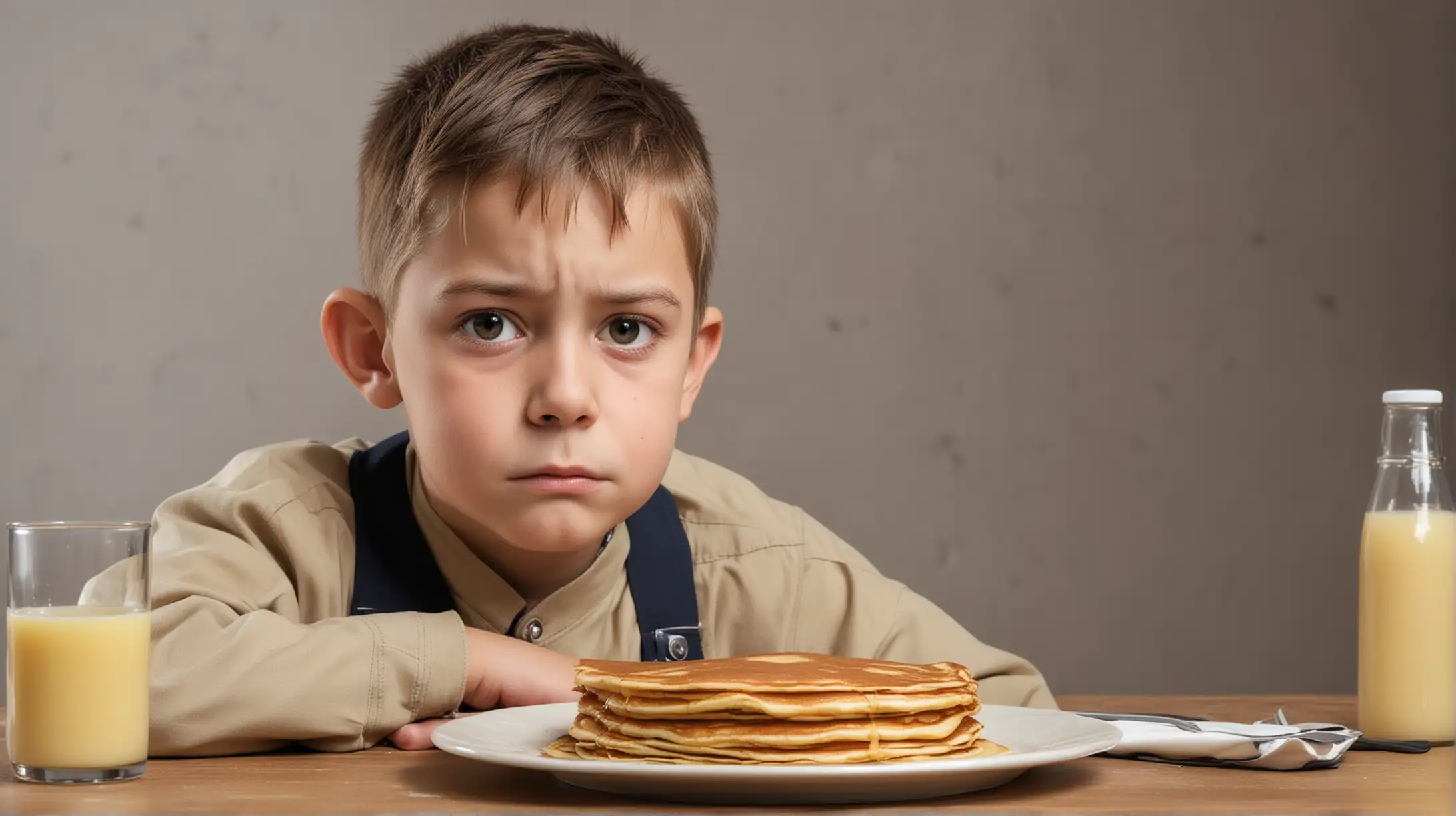 Sad Schoolboy Eating Pancakes for Breakfast