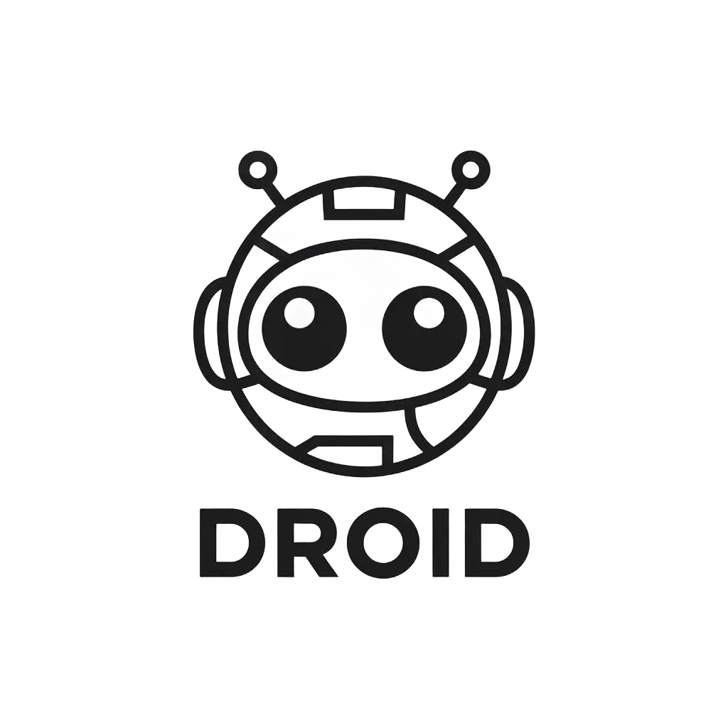 a vector logo design,with the text "DROID", main symbol:head of a cute droid in maximally minimalistic style,Minimalistic,be used in Internet industry,clear background