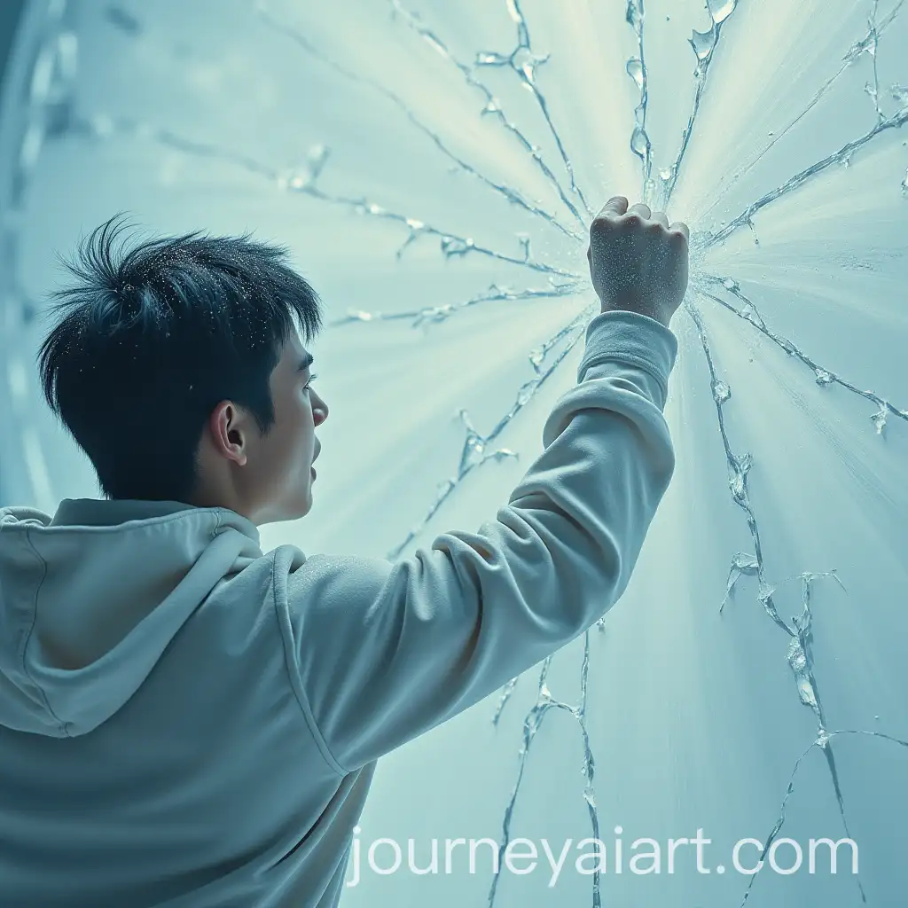 Surrealist-Art-Asian-Man-Breaking-Through-Ice-Curtain