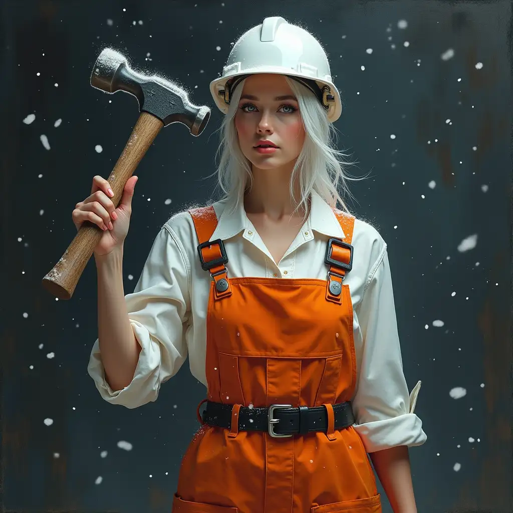 Extremely beautiful with white hair, very detailed, young hot woman, easy to talk to, affectionate, enthusiastic, intricately detailed lighting, surreal, abstract, dark night. House renovations are going on around. This realistic photograph shows an elegant woman in her white and orange work uniform with hammer in hand. It is winter, with snow falling around her. The image is of exceptionally high quality, with sharp details and vibrant colors that truly bring the subject to life. This mesmerizing image conveys her beauty and strength, making her appear fragile and powerful at the same time. The scene comes alive with vibrant colors and intricate details, creating a realistic and captivating painting that exudes a sense of grace and hard work. Every stroke and color choice enhances the intricate depiction of this captivating subject, demonstrating the artist's skill and dedication to her craft.