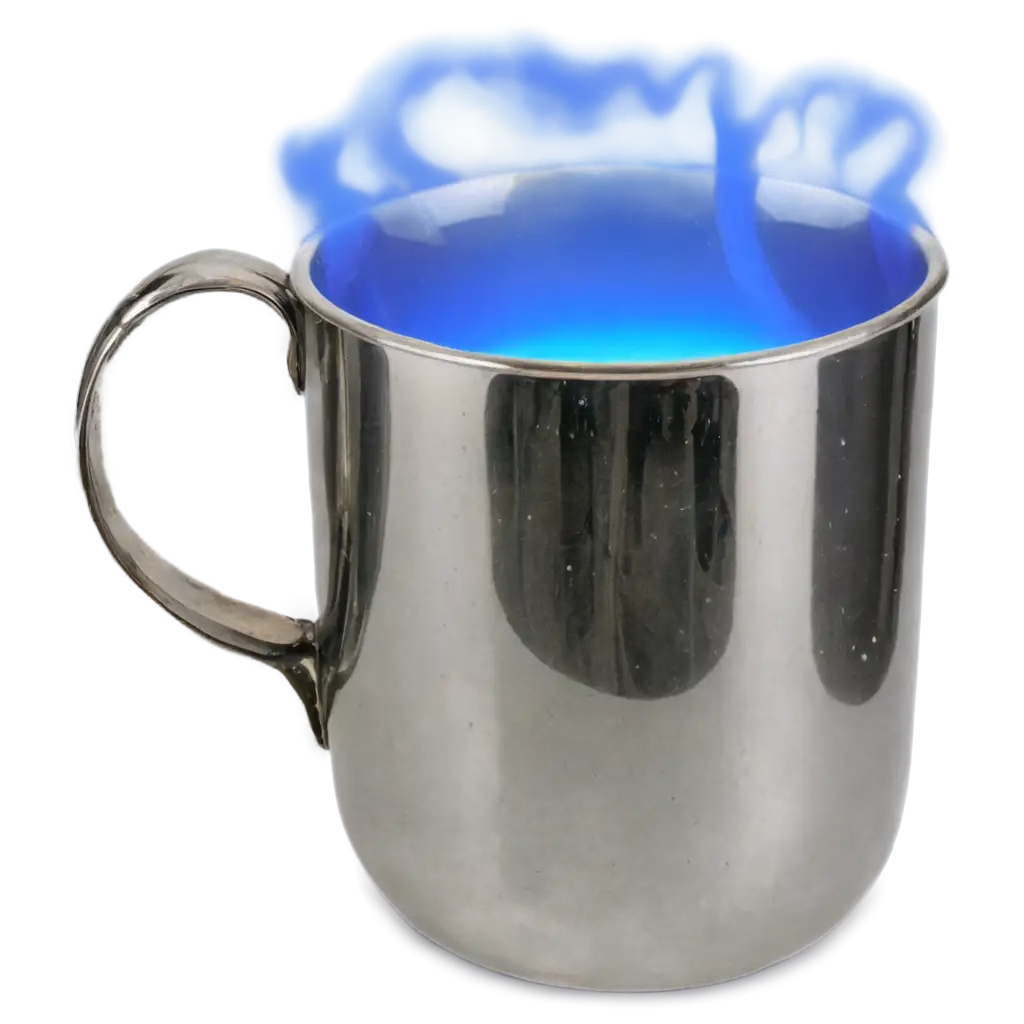 single vintage metal mug with a vivid blue flame rising from the hot liquid inside.