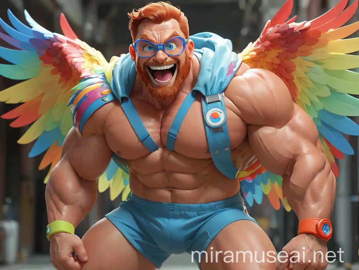 Muscular Bodybuilder Flexing Arm with Rainbow Wings Jacket and Doraemon Goggles