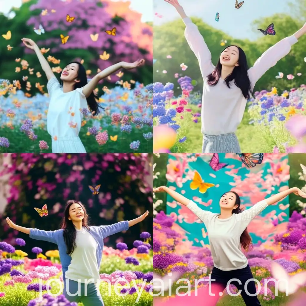 Young-Asian-Woman-Doing-Standing-Yoga-in-Flower-Garden-with-Butterflies