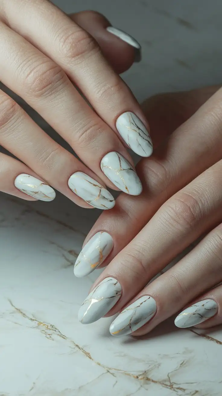 CloseUp-of-Short-Oval-Nails-with-White-and-Grey-Marble-Effect-and-Gold-Veins