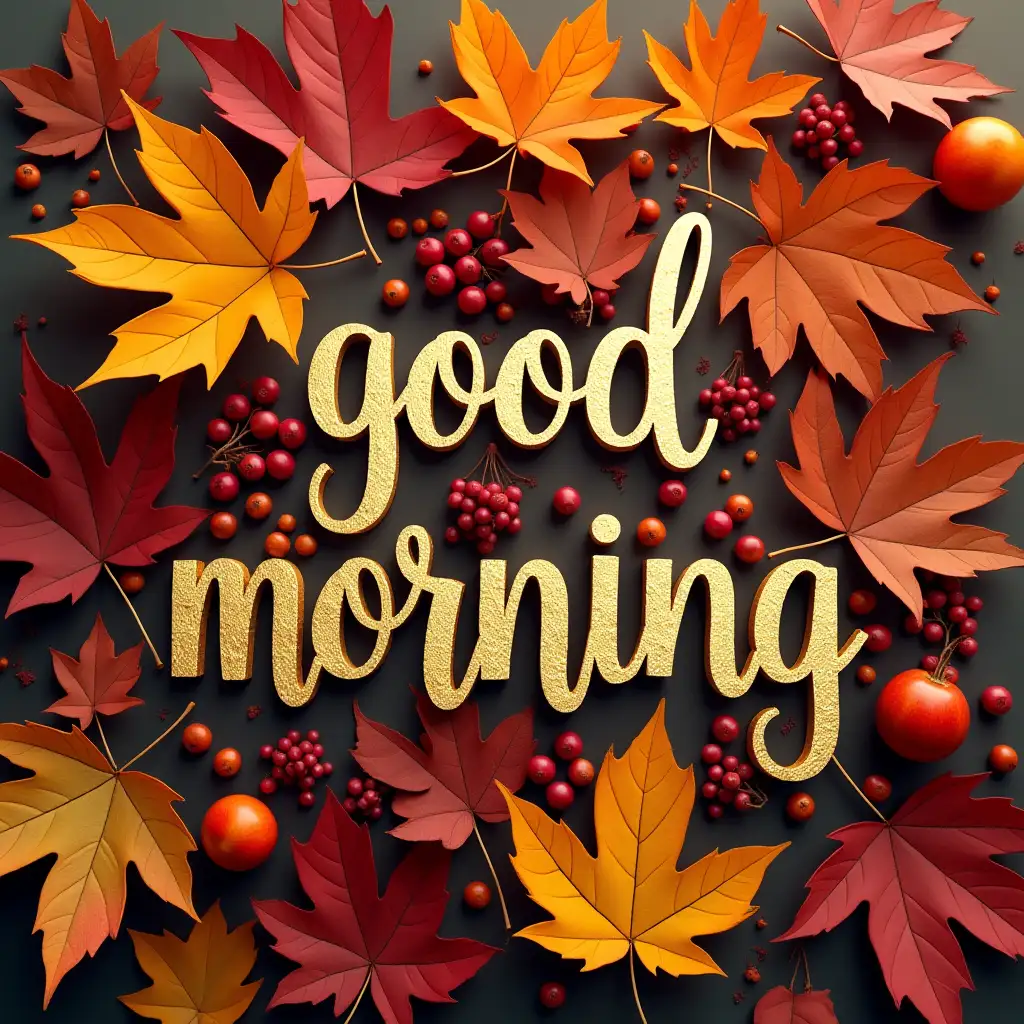 Create text 'good morning' in hand-written letters, gold filigree, against the backdrop of a mesmerizing colorful autumn leaves, berries and fruits. Fine detail, digital perfection, 32K, sharp, smooth.