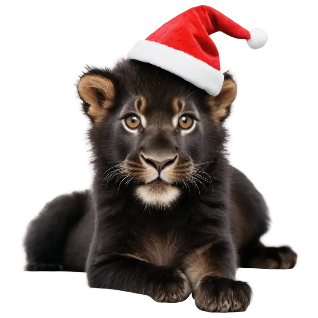 Black-Lion-with-Snowy-Background-and-Christmas-Hat-PNG-Image-Perfect-for-Holiday-Designs-and-Winter-Themes