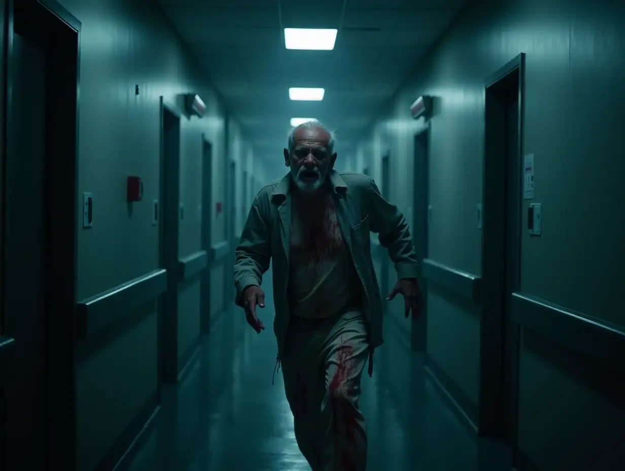 At the end of a dark hallway in the hospital, an angry elderly man runs, his clothes covered in blood. Panoramic views. Horrifying atmosphere, cinematic horror, realism, a scene like from a terrifying horror movie. The atmosphere is suffused with fear, evoking a frozen sense of dread, as if something dark and unstoppable is about to emerge. The composition emphasizes cold blue and gray tones, enhancing the feeling of fear. Shadows play a key role, adding depth and mystery to the scene.