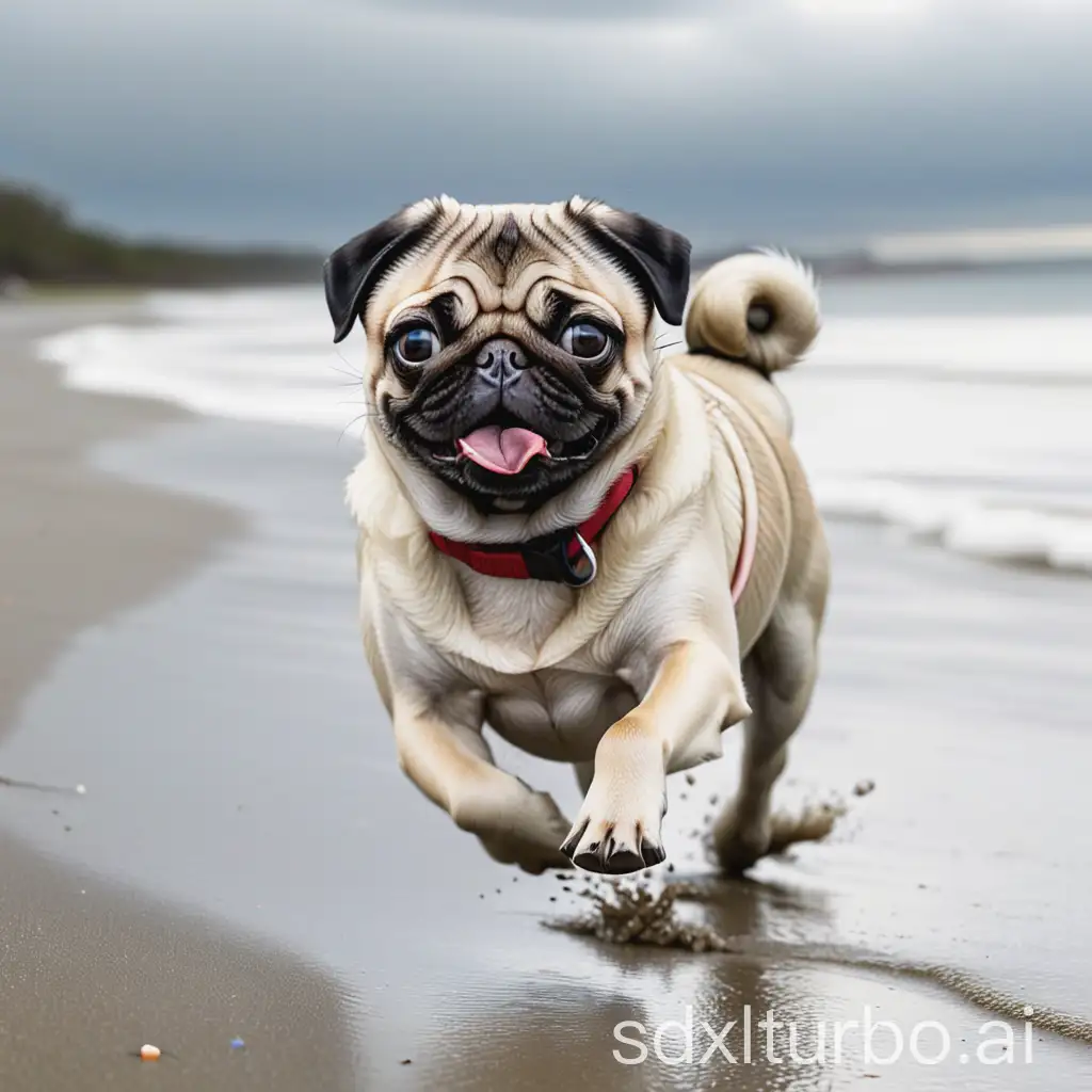 pug running on a cloudy beach