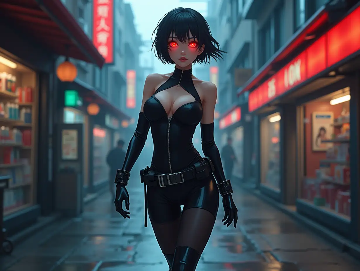 Short hair, mature Asian woman thief cyber runner in a dynamic full-length pose, eyes with red electronic pupils, large breast, extreme skintight body glove zipped down with cleavage, combat boots and combat belt. Full view of her body from boots up, low wide angle. Future store filled city alley street. Anime