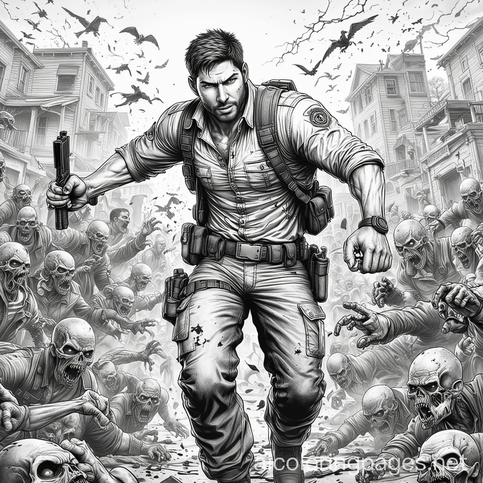 Chris-Redfield-Fights-Zombies-Coloring-Page