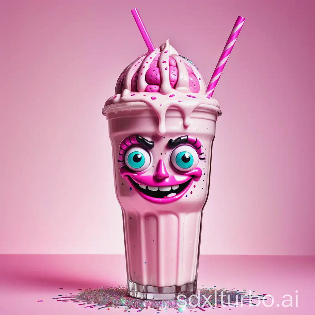 milkshake with a face and inside sparkles brain rot with arm and legs pink