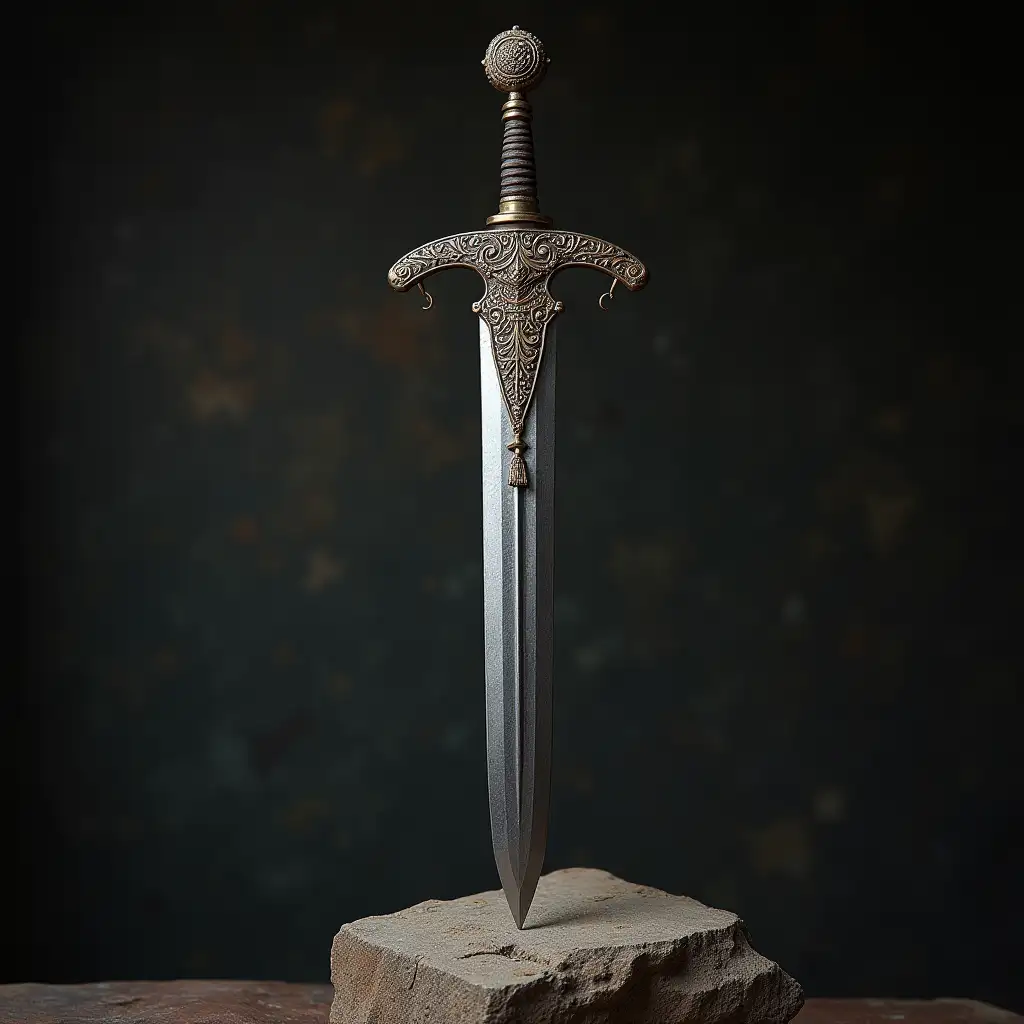 Scythian sword, ornament on handle, on stone, shine of steel