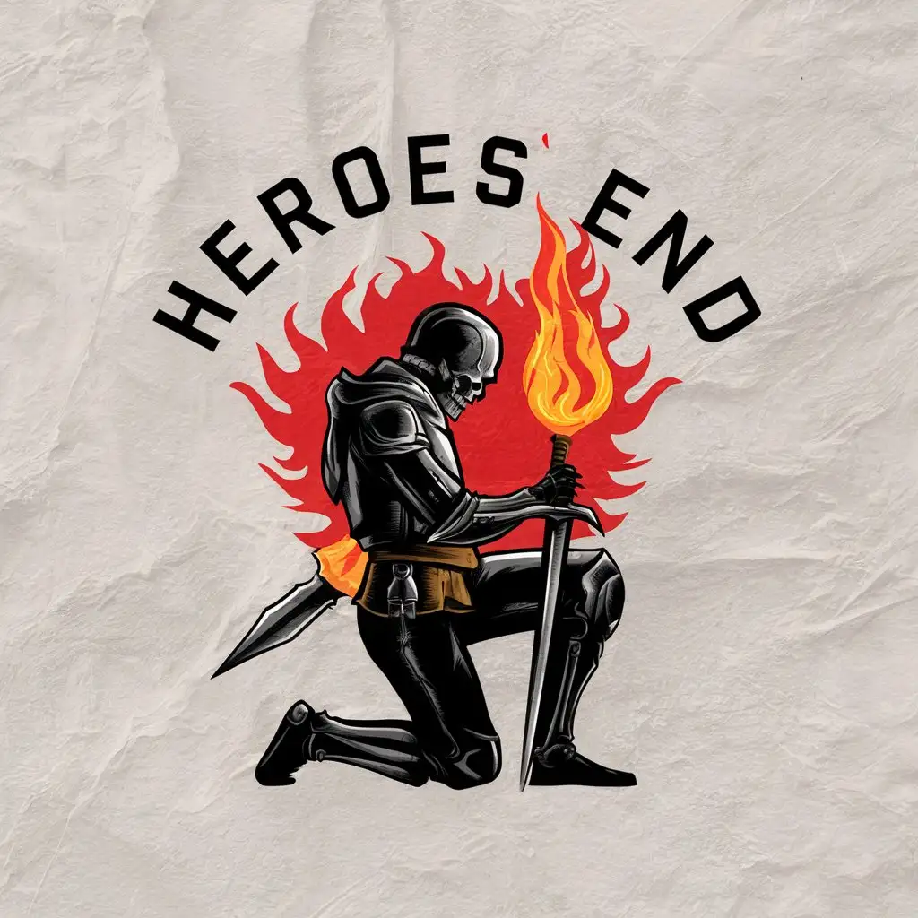 a vector logo design,with the text "Heroes end", main symbol:Hunter hero kneels down flame knight sword skeleton,complex,be used in Others industry,clear background