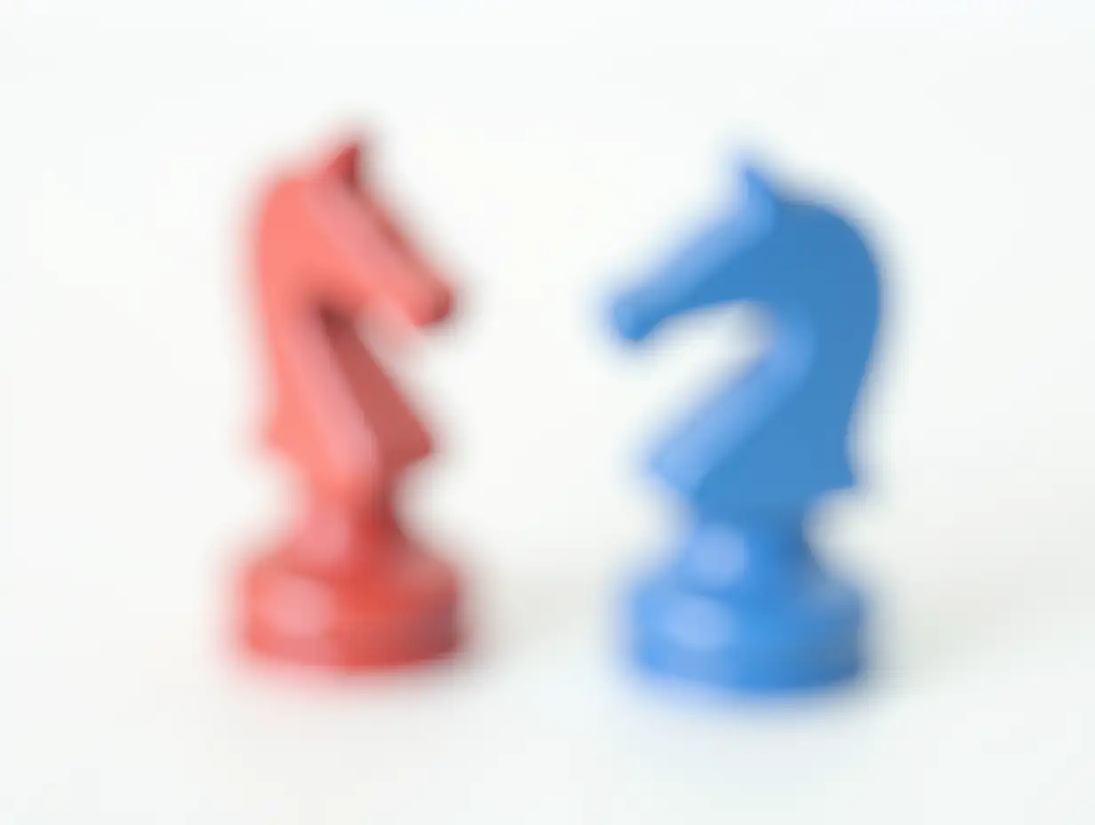 Opposition and conflict concept blue and red wooden pawn business teams on white background