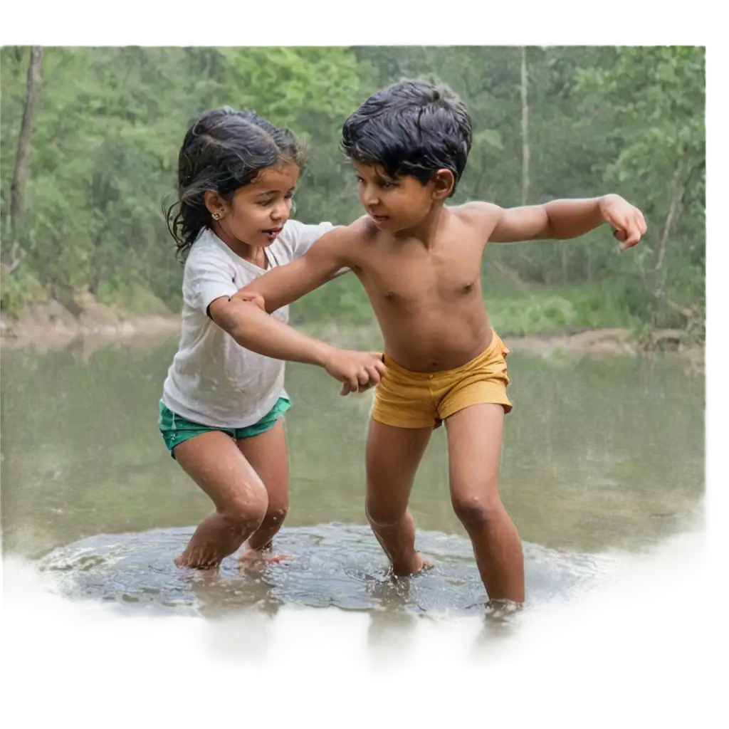 Indian-Girl-and-Boy-Playing-Near-a-RiverPNG-Image-Usage-Analysis-in-a-Forest-PNG-Image-for-Nature-and-Adventure-Themes