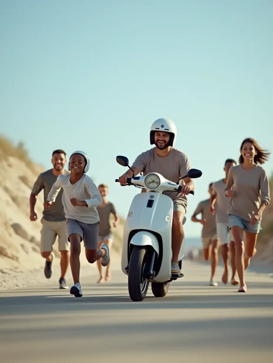 Several people, men, women and children smiling, running after an electric motorcycle driving alone on the beach avenue. Ultra-realistic image