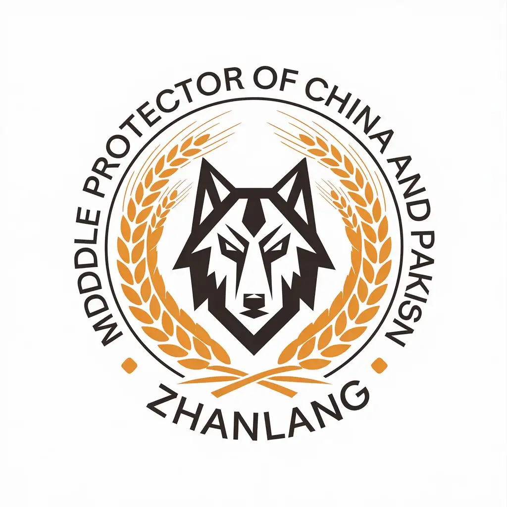 a vector logo design,with the text "middle protector of China and Pakistan zhanlang", main symbol:Wolf head, surrounded by wheat stalks,Moderate,clear background