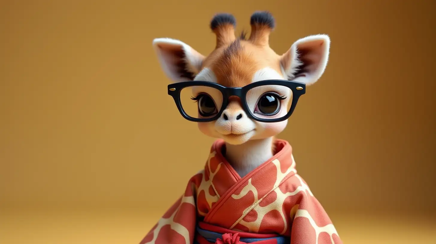 Small Baby Giraffe with Glasses Dressed in Kimono