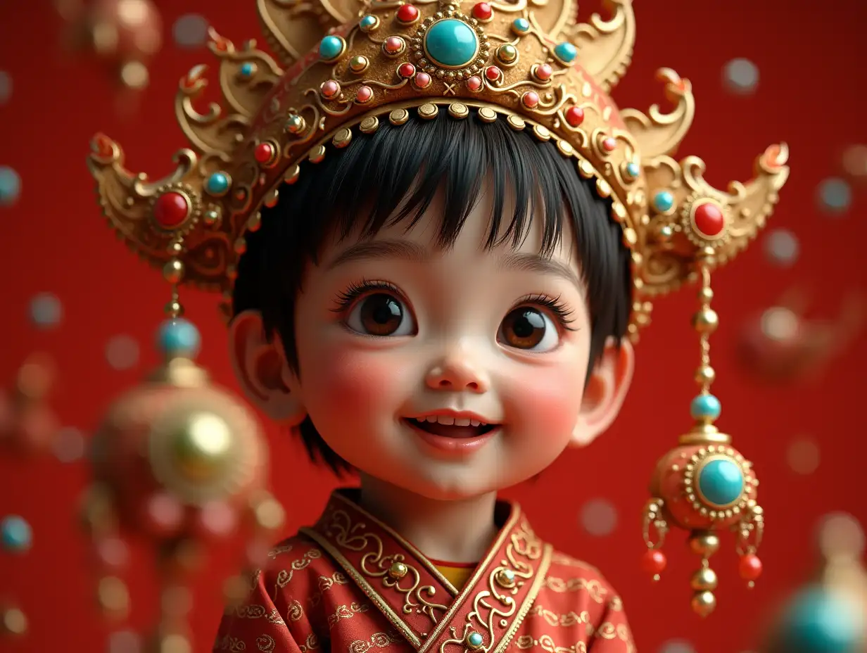 Young boy with red gold pattern, with fish with alien face, with a slight smile on his face, emphasizing her smile, in a temple many diamonds in various shades 4k