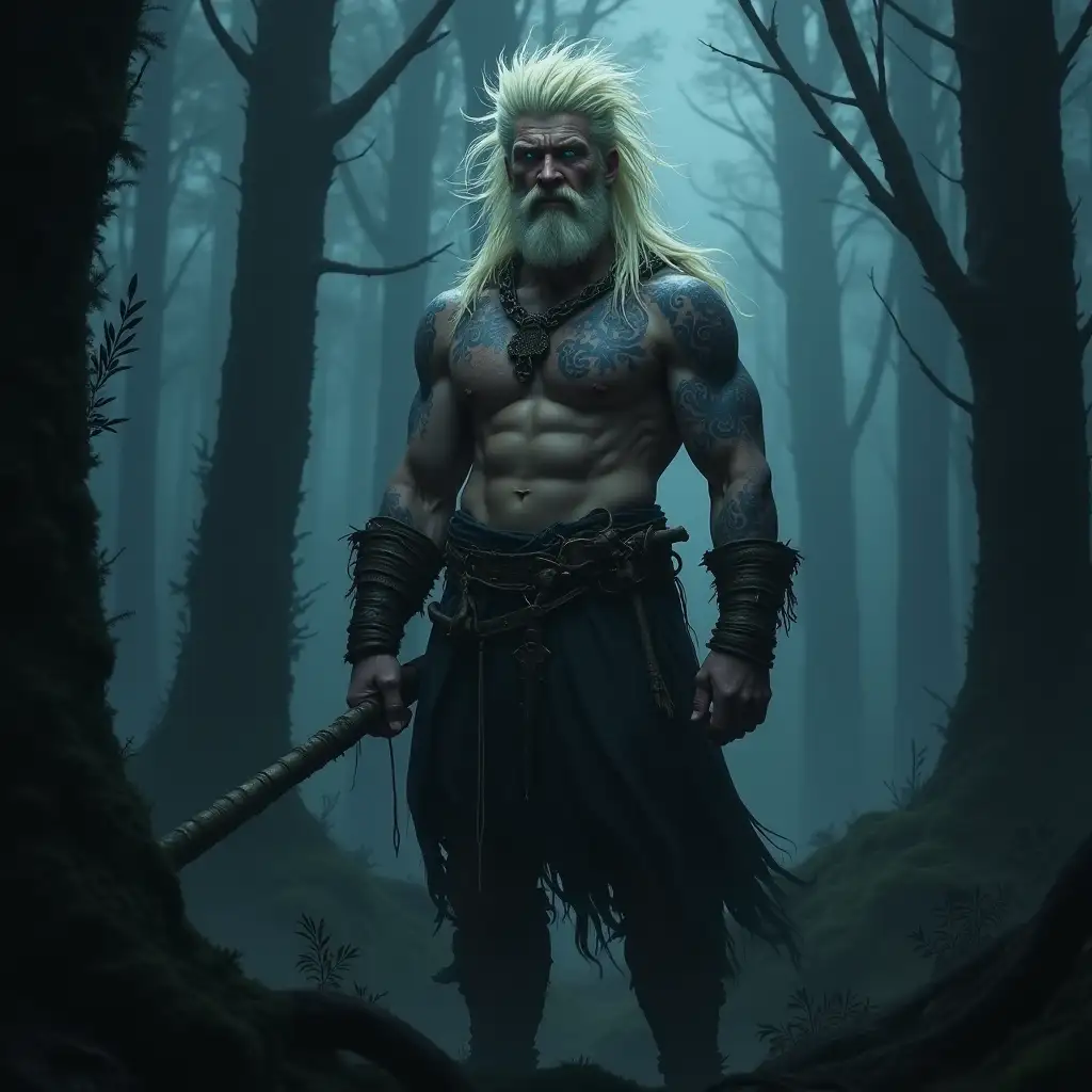 Image of a tall, muscular Celtic warrior with bleached blond shaggy hair, pale skin, fierce blue eyes, lime-washed hair spiked back like a horse’s mane. Hard Spiked up hair. Tattooed with blue spirals. Rugged terrifying warrior, shadowed in darkness. Background of wild forest. Raw, rugged realism. Very dark and mysterious misty atmosphere. Night time haunting scene.
