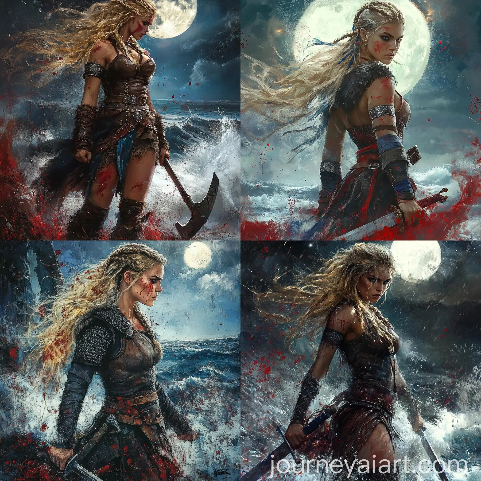 Hyperrealistic-Grunge-Painting-of-a-Viking-Warrior-Woman-with-Sword-and-Raging-Sea